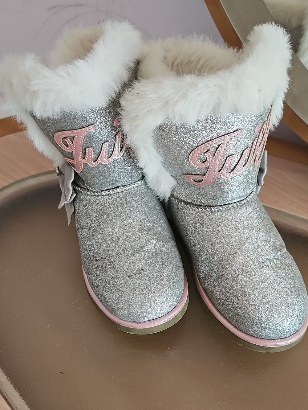 Juicy Couture Silver Glitter Girls Boots with Pink Accents